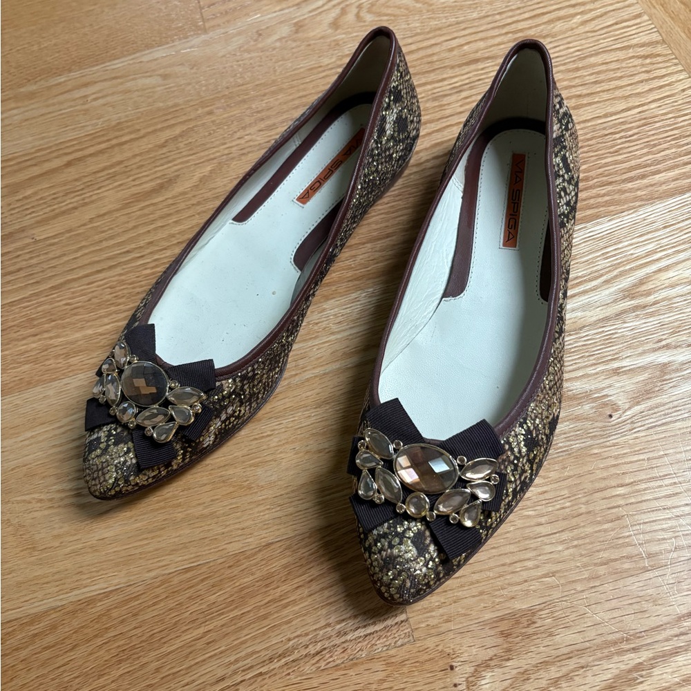 Via Spiga Brown Snakeskin Flats with Embellishments